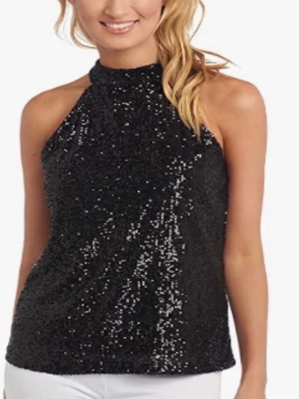 Cable & Gauge Black Sequin One-Shoulder Halter Top